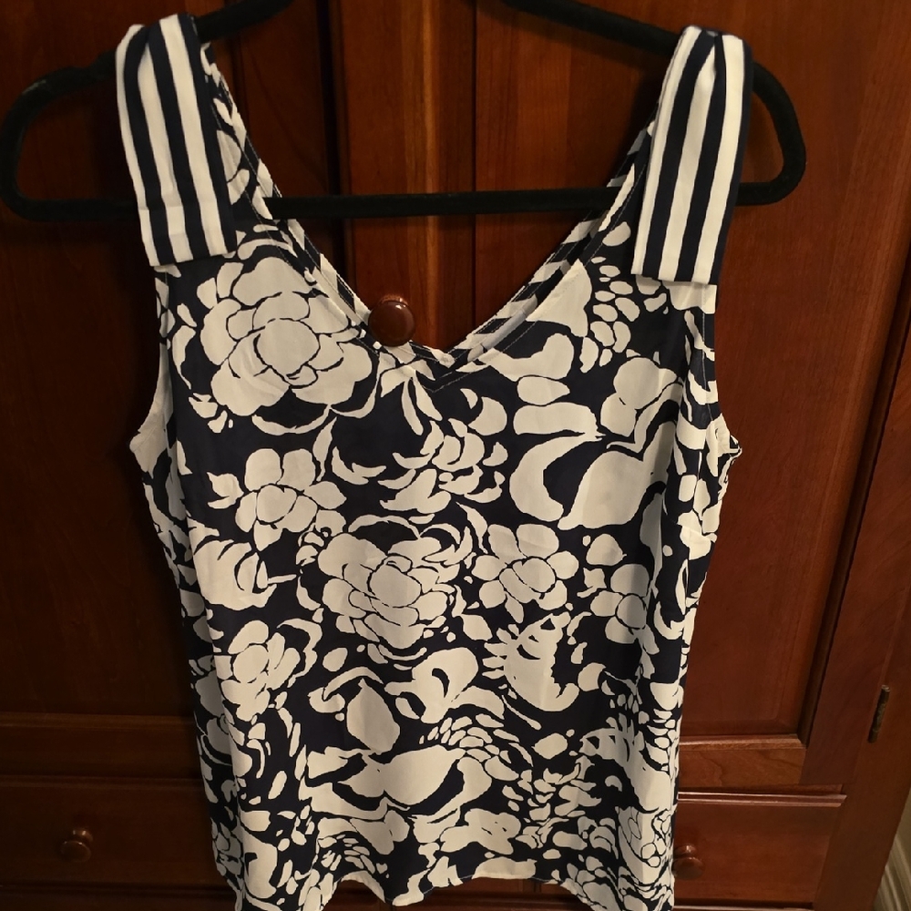 CAbi Black and White Sleeveless Tank Top with Floral Design